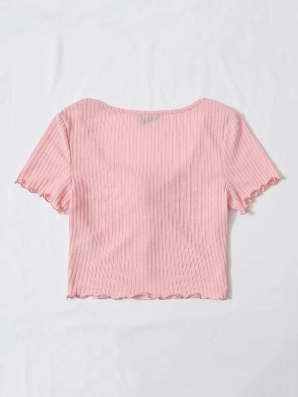Drawstring Front Lettuce Edge Rib-Knit Tee - lycra, L (Bust Size: 16 in, Length Size: 18 in) 