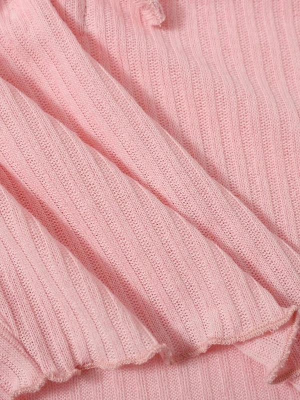 Drawstring Front Lettuce Edge Rib-Knit Tee - lycra, L (Bust Size: 16 in, Length Size: 18 in) 