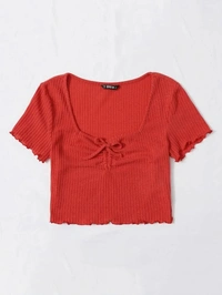Drawstring Front Lettuce Edge Rib-Knit Tee - lycra, XS (Bust Size: 14 in, Length Size: 17 in) 