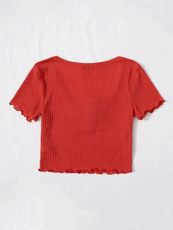 Drawstring Front Lettuce Edge Rib-Knit Tee - lycra, S (Bust Size: 15 in, Length Size: 17 in) 