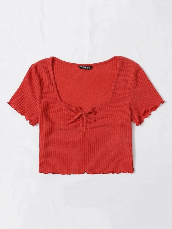 Drawstring Front Lettuce Edge Rib-Knit Tee - lycra, S (Bust Size: 15 in, Length Size: 17 in) 