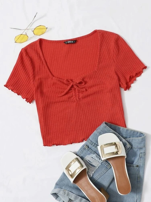 Drawstring Front Lettuce Edge Rib-Knit Tee - lycra, S (Bust Size: 15 in, Length Size: 17 in) 