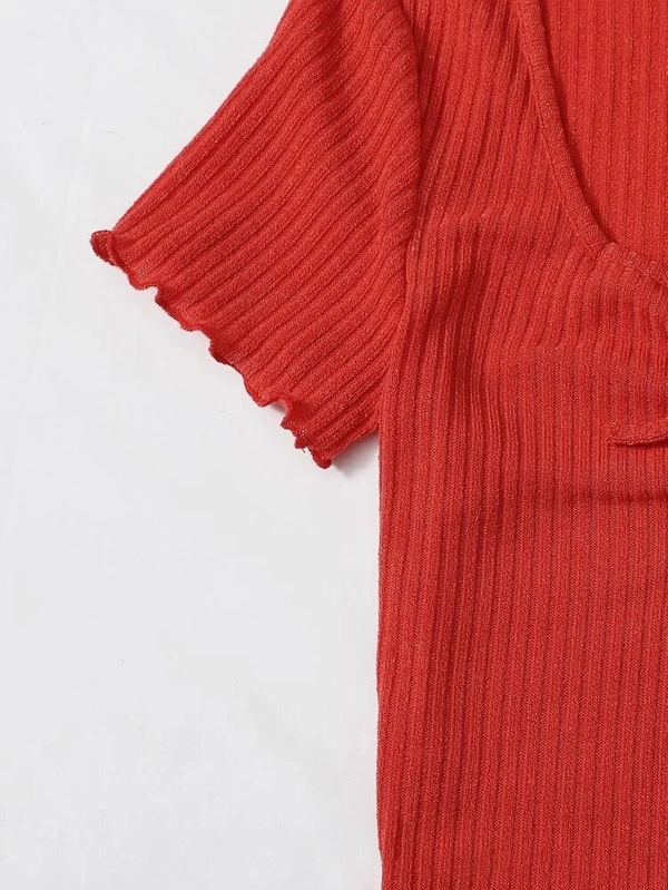 Drawstring Front Lettuce Edge Rib-Knit Tee - lycra, M (Bust Size: 15 in, Length Size: 17 in) 