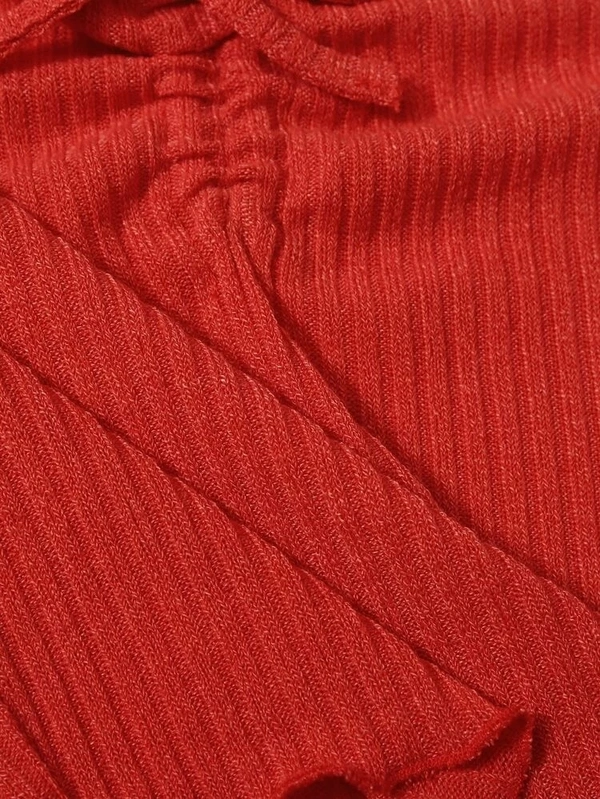 Drawstring Front Lettuce Edge Rib-Knit Tee - lycra, M (Bust Size: 15 in, Length Size: 17 in) 