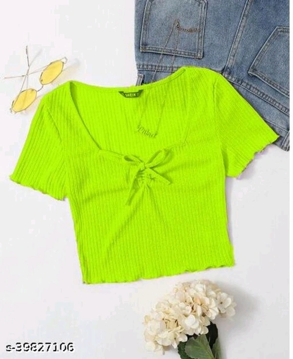 Drawstring Front Lettuce Edge Rib-Knit Tee - lycra, XS (Bust Size: 14 in, Length Size: 17 in) 