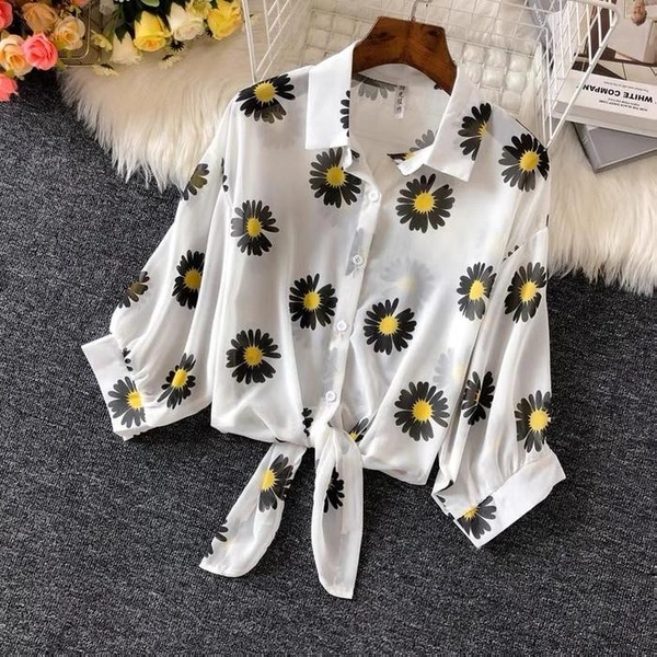 Floral Print Tie Knot Cropped Shirt - chiffon, M (Bust Size: 38 in, Length Size: 17 in) 