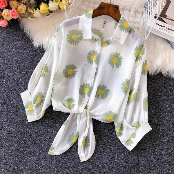 Floral Print Tie Knot Cropped Shirt - chiffon, S (Bust Size: 36 in, Length Size: 17 in) 