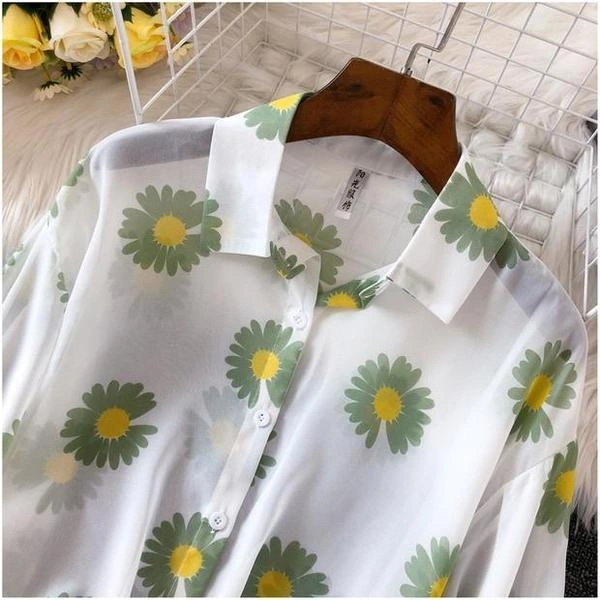 Floral Print Tie Knot Cropped Shirt - chiffon, M (Bust Size: 38 in, Length Size: 17 in) 