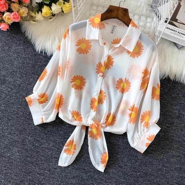 Floral Print Tie Knot Cropped Shirt - chiffon, M (Bust Size: 38 in, Length Size: 17 in) 