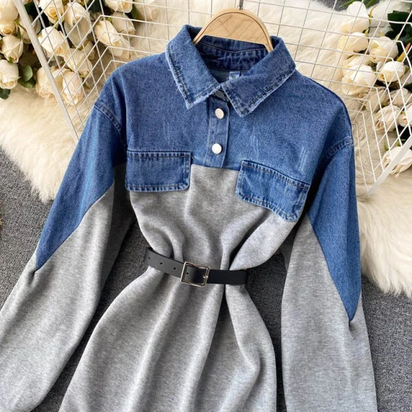 Denim Patchwork Dress - denim, Large (L) : 38 & 40 Bust, Length 36 