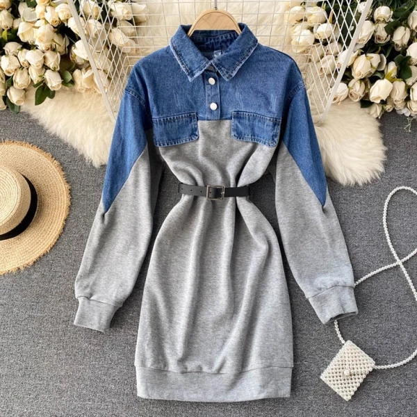 Denim Patchwork Dress - denim, Large (L) : 38 & 40 Bust, Length 36 