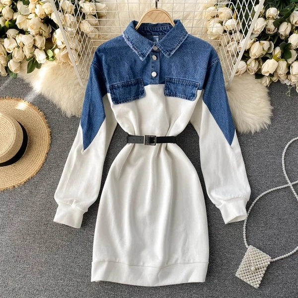 Denim Patchwork Dress - denim, Large (L) : 38 & 40 Bust, Length 36 