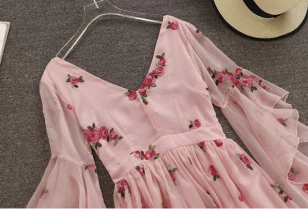Flare Pink embroidered Dress - Georgette, S (Bust Size: 32 in, Length Size: 36 in) 