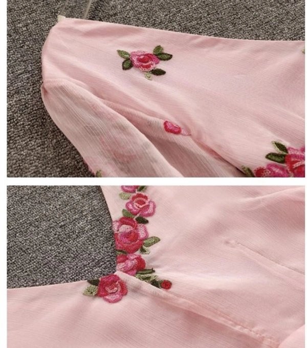 Flare Pink embroidered Dress - Georgette, XL (Bust Size: 38 in, Length Size: 36 in) 