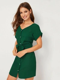 Solid Button Front Rolled Cuff Belted Shirt Dress - crepe, S (Bust Size: 32 in Length Size: 34 in) 