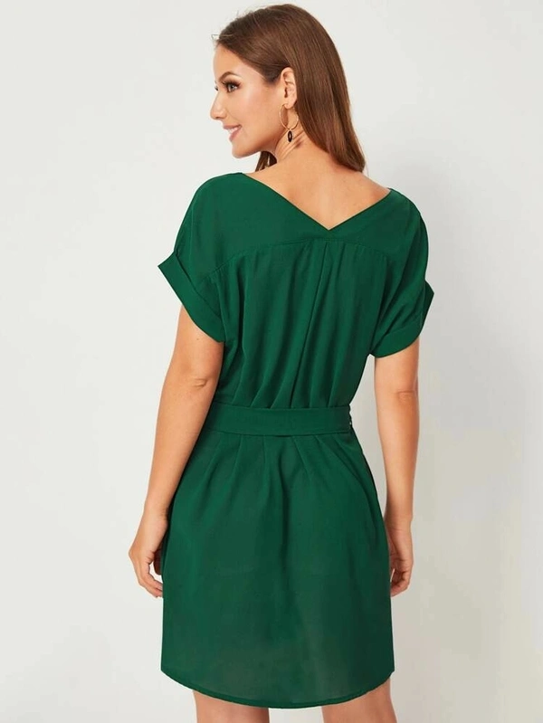 Solid Button Front Rolled Cuff Belted Shirt Dress - crepe, L (Bust Size: 36 in Length Size: 34 in) 