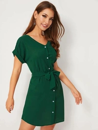 Solid Button Front Rolled Cuff Belted Shirt Dress - crepe, L (Bust Size: 36 in Length Size: 34 in) 