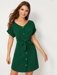 Solid Button Front Rolled Cuff Belted Shirt Dress - crepe, XL (Bust Size: 38 in Length Size: 34 in)