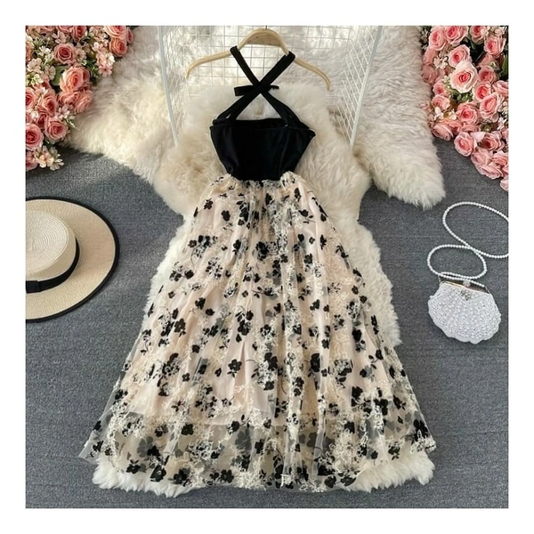 Criss Cross Neck Floral Gauze Dress - Lycra, M (Bust Size: 38 in, Length Size: 37 in) 