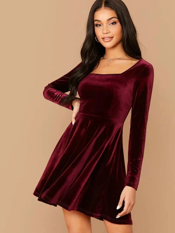Square Neck Flared Velvet Dress - Velvet, S (Bust Size: 34 in, Length Size: 37 in) 