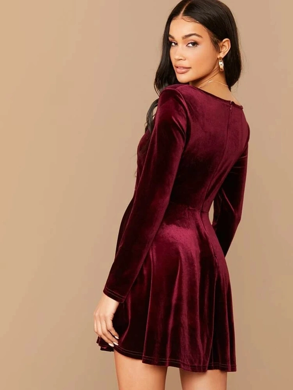 Square Neck Flared Velvet Dress - Velvet, S (Bust Size: 34 in, Length Size: 37 in) 
