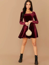 Square Neck Flared Velvet Dress - Velvet, M (Bust Size: 36 in, Length Size: 38 in) 