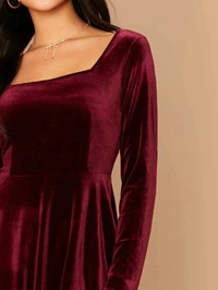 Square Neck Flared Velvet Dress - Velvet, L (Bust Size: 38 in, Length Size: 39 in) 