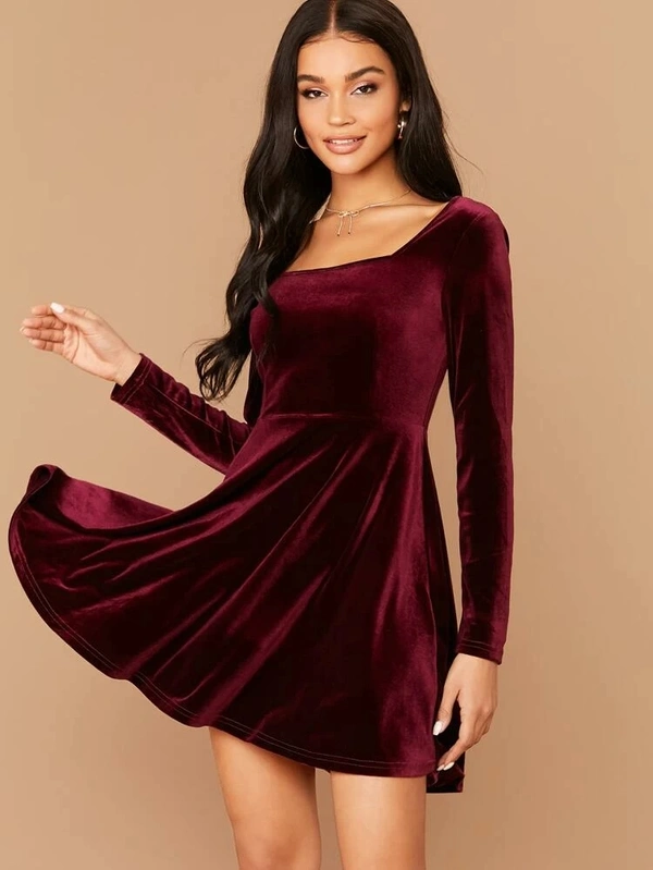 Square Neck Flared Velvet Dress - Velvet, L (Bust Size: 38 in, Length Size: 39 in) 
