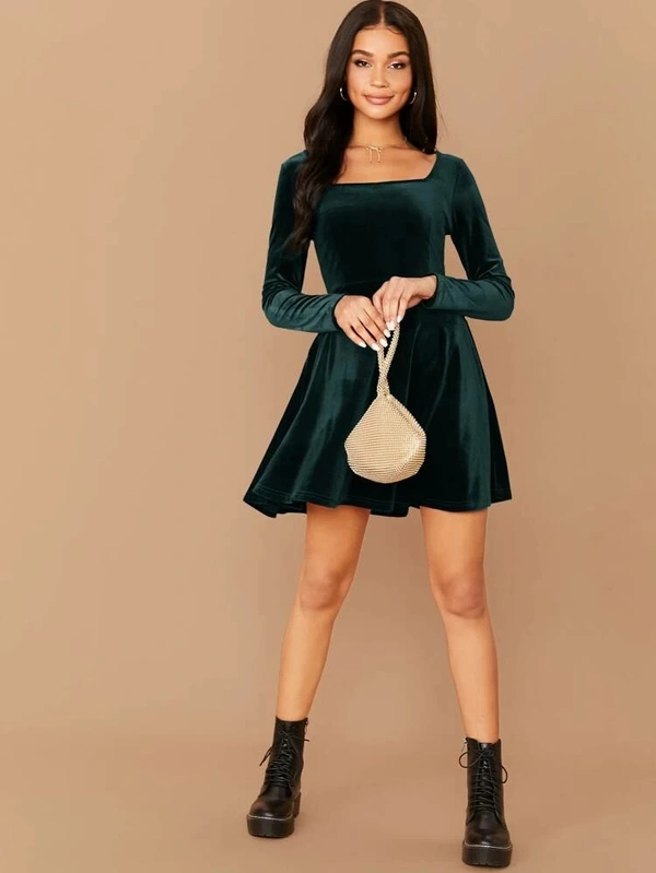 Square Neck Flared Velvet Dress - Velvet, S (Bust Size: 34 in, Length Size: 37 in) 