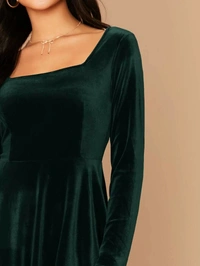 Square Neck Flared Velvet Dress - Velvet, M (Bust Size: 36 in, Length Size: 38 in) 