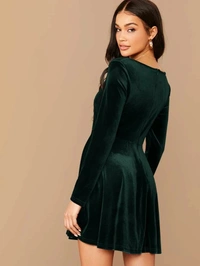 Square Neck Flared Velvet Dress - Velvet, M (Bust Size: 36 in, Length Size: 38 in) 