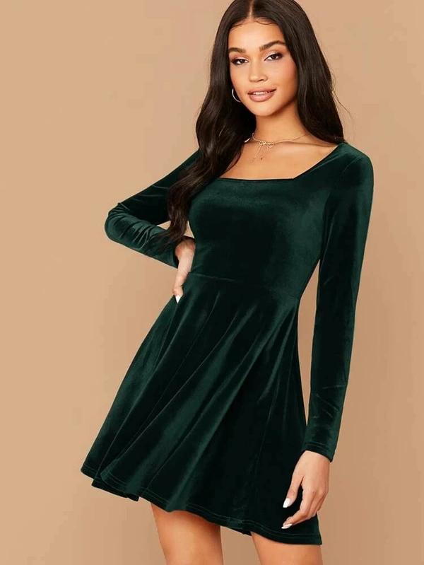 Square Neck Flared Velvet Dress - Velvet, L (Bust Size: 38 in, Length Size: 39 in) 