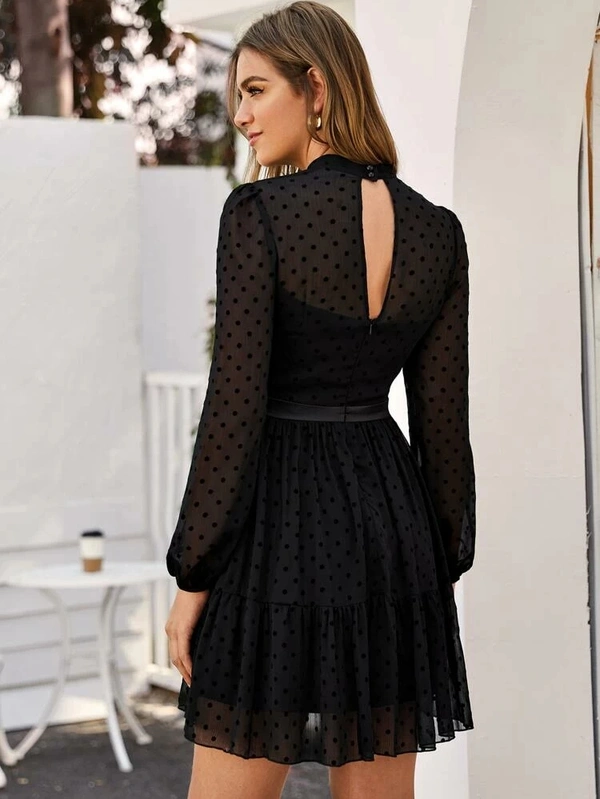 Split Back Ruffle Hem Dot Chiffon Dress - poly blend, XS (Bust Size: 32 in, Length Size: 38 in) 