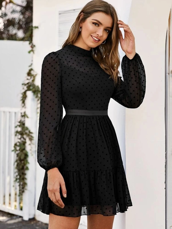 Split Back Ruffle Hem Dot Chiffon Dress - poly blend, L (Bust Size: 38 in, Length Size: 39 in) 