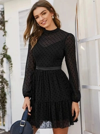 Split Back Ruffle Hem Dot Chiffon Dress - poly blend, XL (Bust Size: 40 in, Length Size: 39 in) 