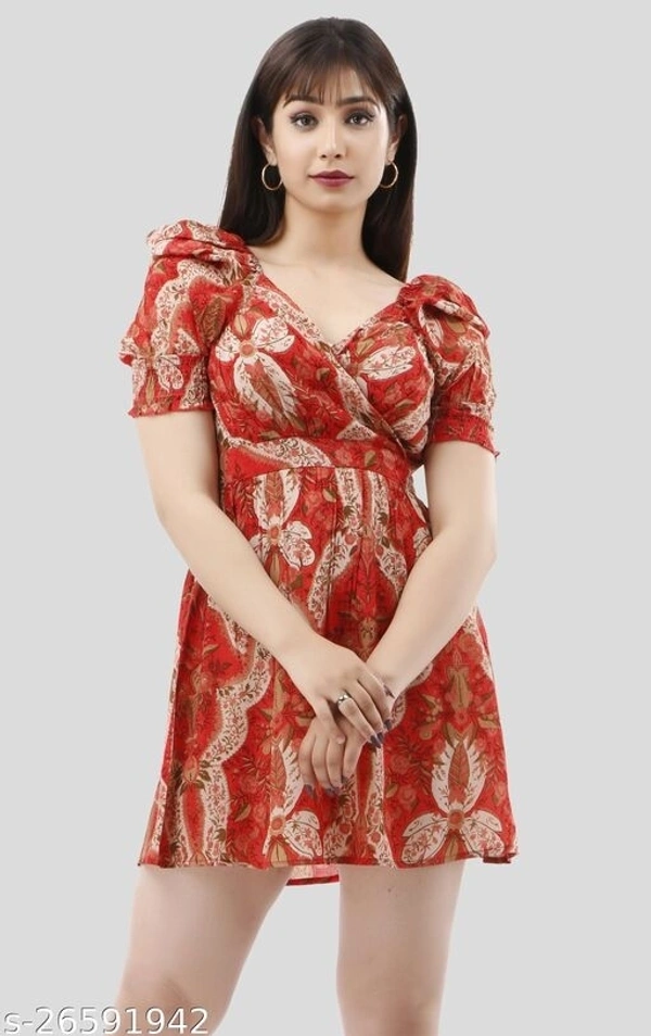 Floral Printed Puff Sleeves Smocked Mini Fit & Flare Dress - polyester, XS (Bust Size: 32 in, Length Size: 38 in, Waist Size: 32 in, Shoulder Size: 11 in) 