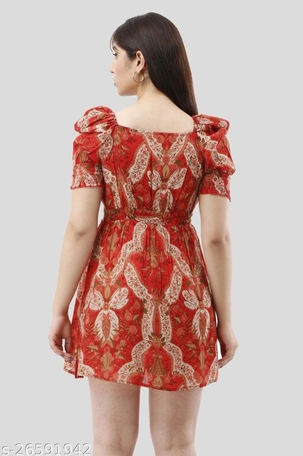 Floral Printed Puff Sleeves Smocked Mini Fit & Flare Dress - polyester, XS (Bust Size: 32 in, Length Size: 38 in, Waist Size: 32 in, Shoulder Size: 11 in) 