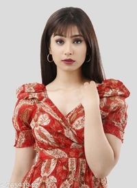 Floral Printed Puff Sleeves Smocked Mini Fit & Flare Dress - polyester, S (Bust Size: 34 in, Length Size: 39 in, Waist Size: 34 in, Shoulder Size: 12 in) 