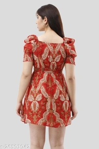Floral Printed Puff Sleeves Smocked Mini Fit & Flare Dress - polyester, S (Bust Size: 34 in, Length Size: 39 in, Waist Size: 34 in, Shoulder Size: 12 in) 