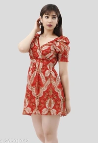Floral Printed Puff Sleeves Smocked Mini Fit & Flare Dress - polyester, M (Bust Size: 36 in, Length Size: 40 in, Waist Size: 36 in, Shoulder Size: 13 in)