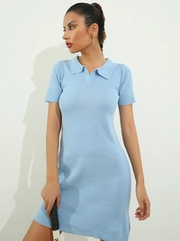 Polo Neck Oversized Tee Dress - free size, polyester