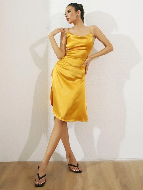 SATIN SIDE SPLIT RUCHED SLEEVELESS DRESS - XS, polyester