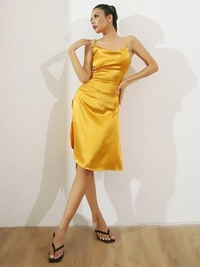 SATIN SIDE SPLIT RUCHED SLEEVELESS DRESS - S, polyester
