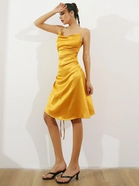 SATIN SIDE SPLIT RUCHED SLEEVELESS DRESS - M, polyester