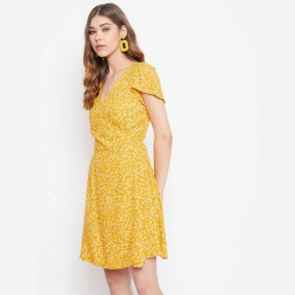 FLORAL Print Wrap Yellow Dress - M, Polyester