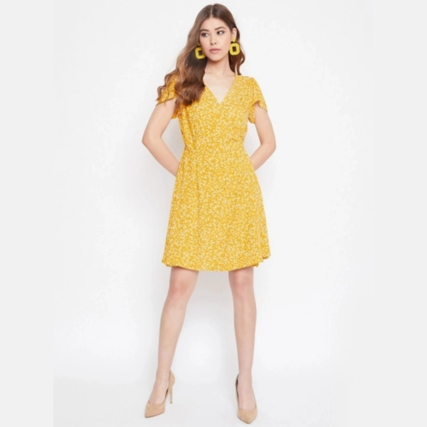 FLORAL Print Wrap Yellow Dress - XL, Polyester
