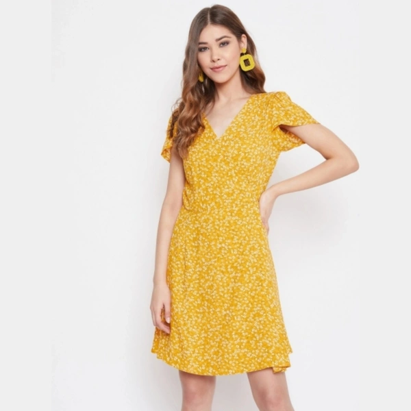 FLORAL Print Wrap Yellow Dress - XL, Polyester