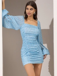 Square Neck Lantern Sleeve Ruched Detail Floral Dress - M, polyester