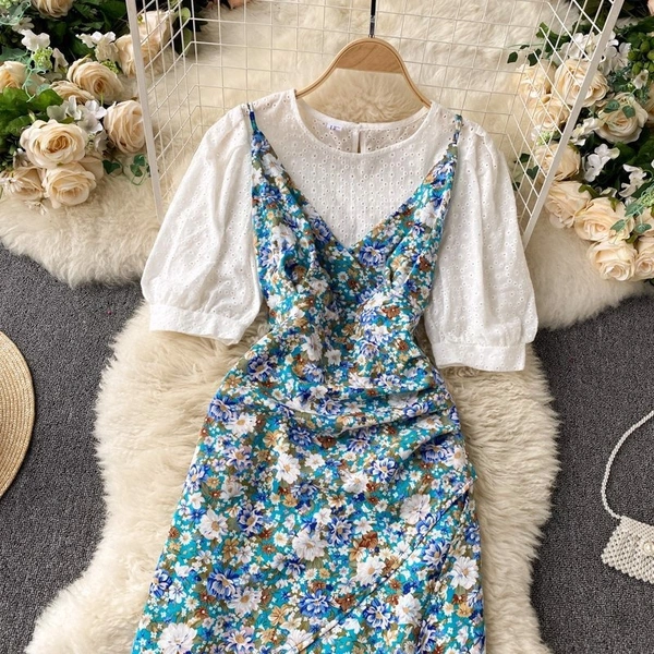 Puff Sleeve Top & Ditsy Floral Ruffle Hem Cami Dress - S (Bust Size: 36 in, Length Size: 38 in) , polyester