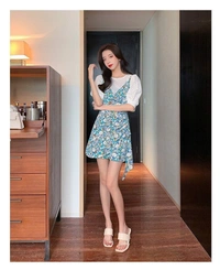 Puff Sleeve Top & Ditsy Floral Ruffle Hem Cami Dress - M (Bust Size: 38 in, Length Size: 38 in) , polyester